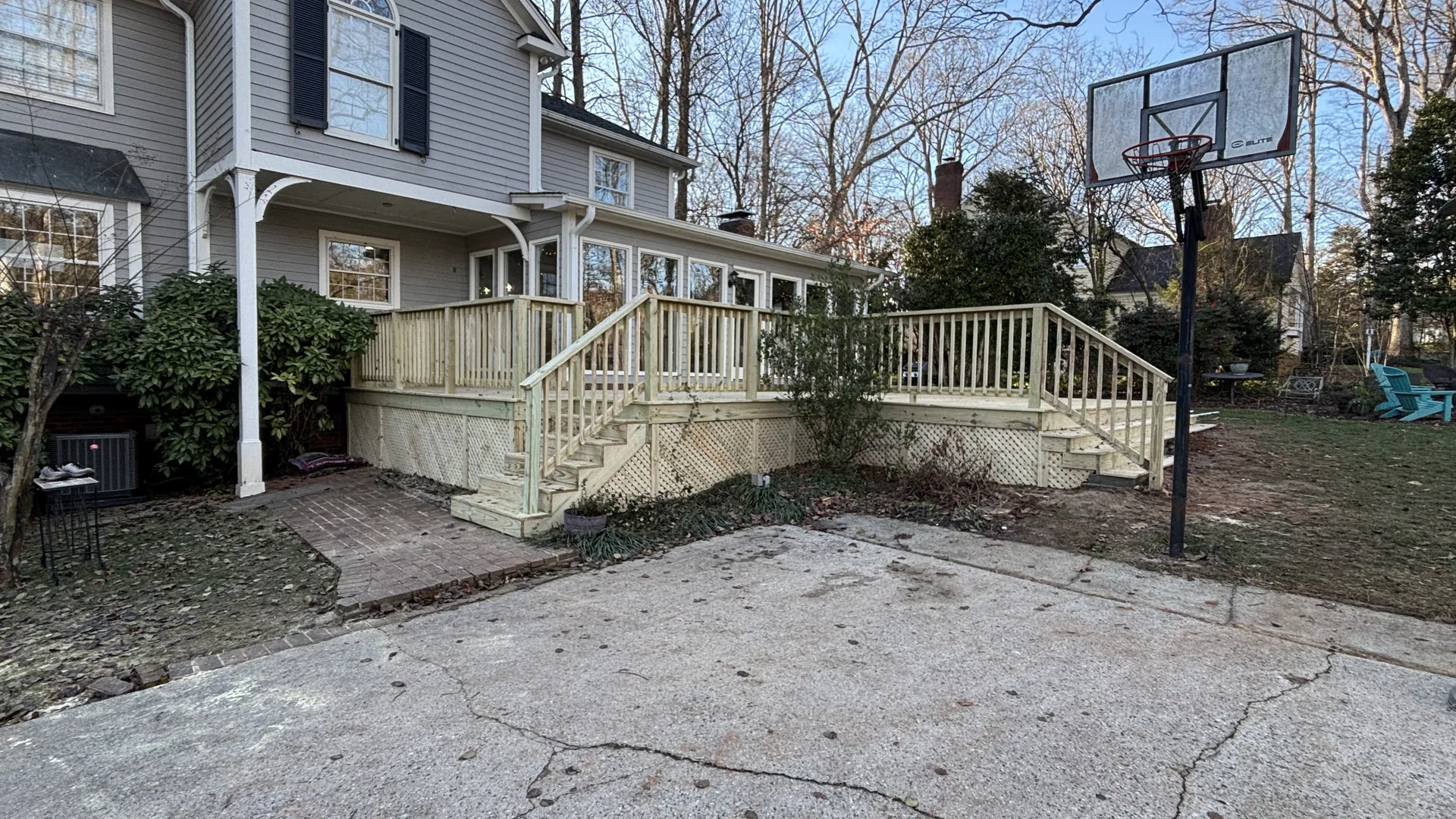 Wood deck double staircase basketball hoop